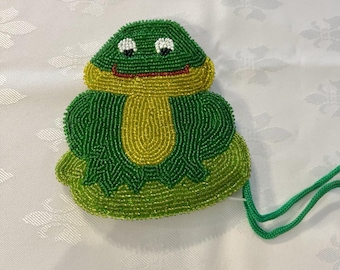 90's  Frog Beaded Zipper Change Purse 5" X 5"