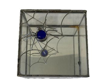 Gothic Trinket Box Blue Spider And Solder Web Mirror Glass Deco