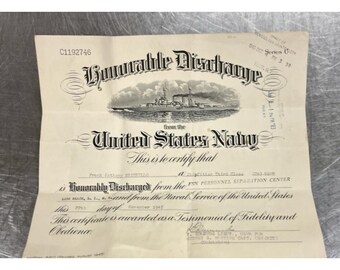 Vintage 1945 U.S. Navy Honorable Discharge - Seabees Shipfitter 3rd Class WW11
