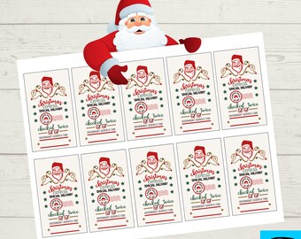 Może przedstawiać: Dziesięć drukowanych etykiet prezentowych z kreskówkowym Świętym Mikołajem z tekstem "Christmas Express Special Delivery" i "checked twice" z zaznaczeniem. Etykiety są na beżowym tle z zielonymi i czerwonymi akcentami.