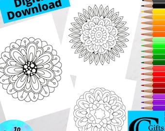 Peut inclure: Trois pages de coloriage de mandalas floraux en noir et blanc avec le texte "Digital Download" et "10 Coloring Pages". Un ensemble de crayons de couleur est visible sur le côté droit de l'image. Le logo "G Gifts" est dans le coin inférieur droit.