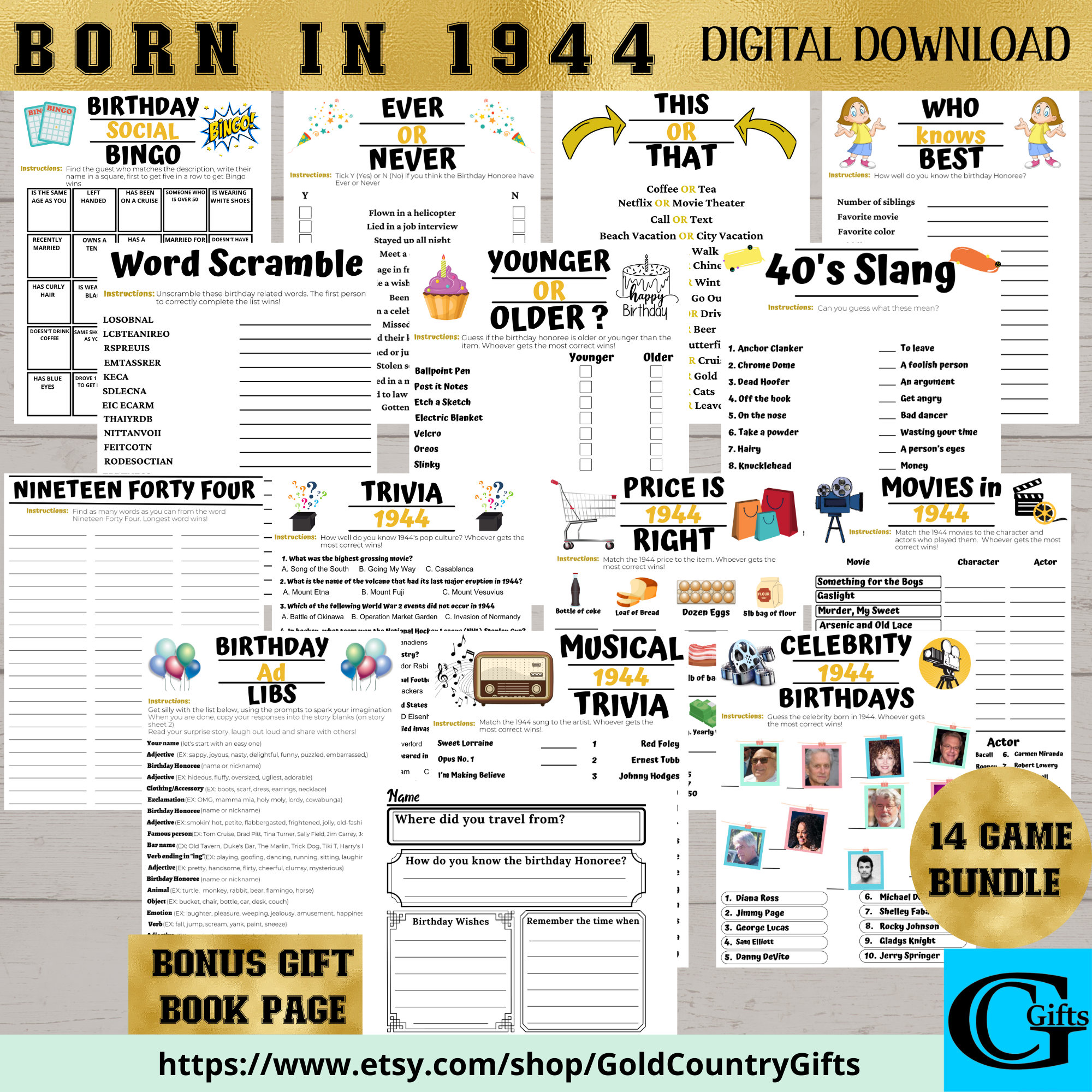 Printable Birthday Party Games, Born in 1944 Games, 14 Game Bundle ...