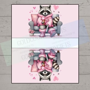 May include: A pink and white illustration of a raccoon wearing a pink robe and holding an ice cream cone. The raccoon is sitting on a pink couch with a pink pillow. There are hearts and musical notes in the background.
