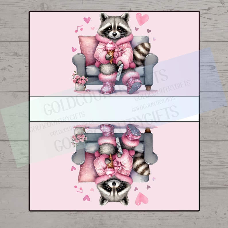 May include: A pink and white illustration of a raccoon wearing a pink robe and holding an ice cream cone. The raccoon is sitting on a pink couch with a pink pillow. There are hearts and musical notes in the background.