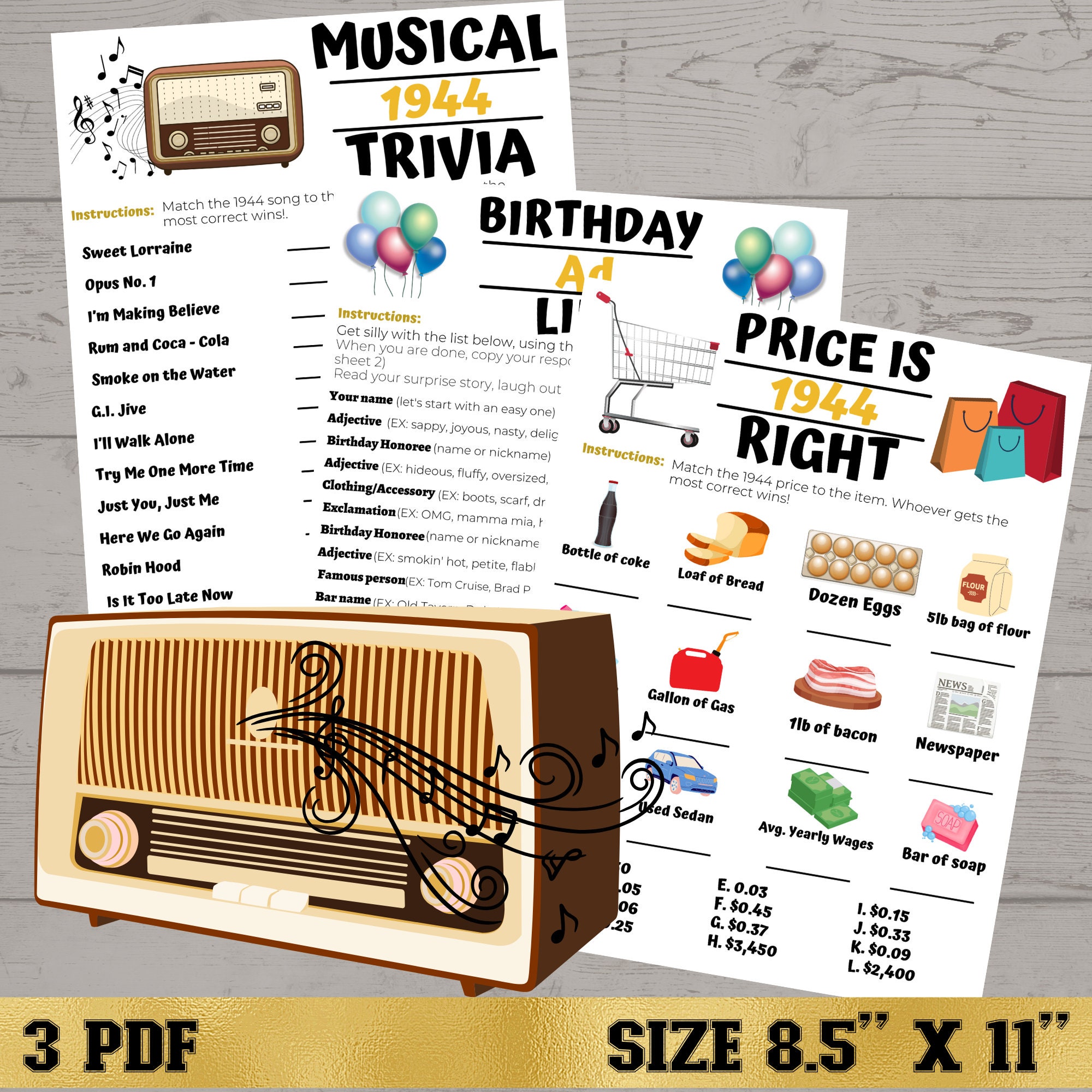 Printable Birthday Party Games, Born in 1944 Games, 14 Game Bundle ...