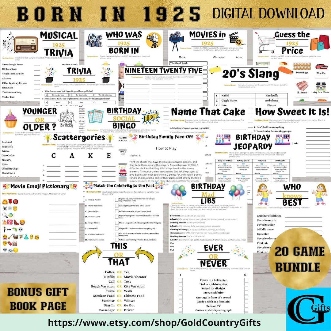 1925 Birthday Party Games Bundle, Born in 1925 Printable Games, 20 Game ...