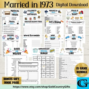 Printable 50th Wedding Anniversary Party Games, Married in 1973, 15 Game Bundle, Instant Download, Music, Guest Book Page