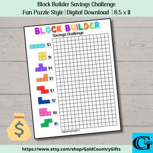 May include: A white printable savings challenge sheet with the text "Block Builder Savings Challenge". The sheet features colorful block shapes with corresponding dollar amounts and a grid for tracking savings. The sheet measures 8.5 x 11 inches.
