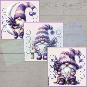 May include: Three square cards featuring gnome illustrations. Each gnome wears a purple and white striped hat and holds a bouquet of lavender. One gnome sits on a crescent moon, another on a bench, and the third on a tree stump.