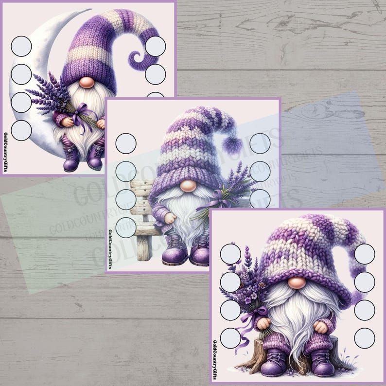 May include: Three square cards featuring gnome illustrations. Each gnome wears a purple and white striped hat and holds a bouquet of lavender. One gnome sits on a crescent moon, another on a bench, and the third on a tree stump.