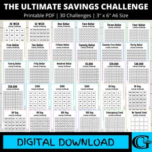 Savings Challenge Printable Bundle, Savings Challenge Bundle, A6 Sized Mini Savings Challenge Trackers, Money Tracker Printable, Set of 30