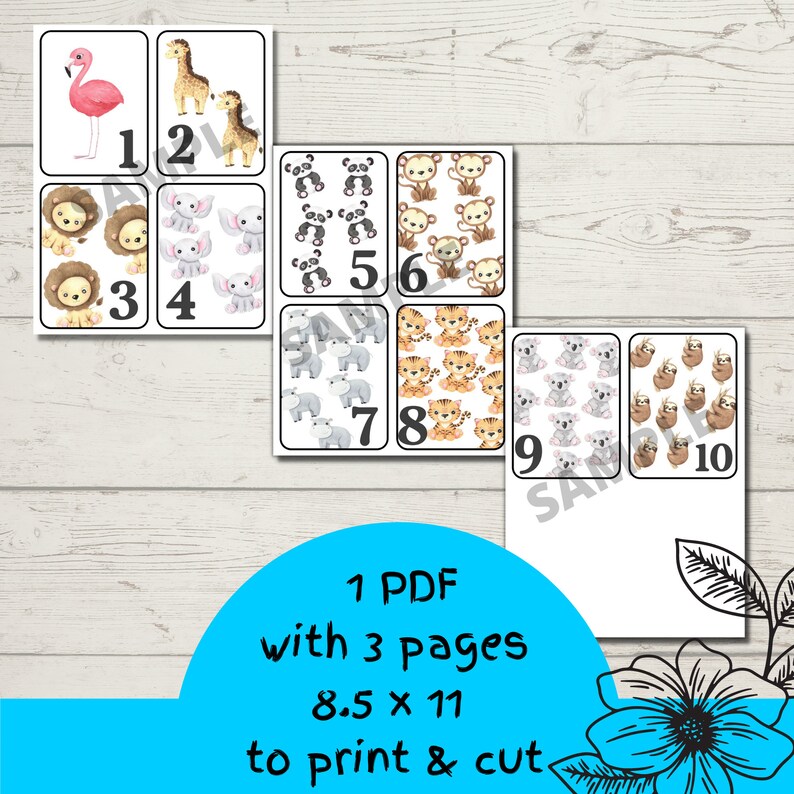 May include: Printable flashcards with animal illustrations and numbers 1-10. Each card has a white border. The text "1 PDF with 3 pages 8.5 x 11 to print & cut" is included. The cards are designed for printing.