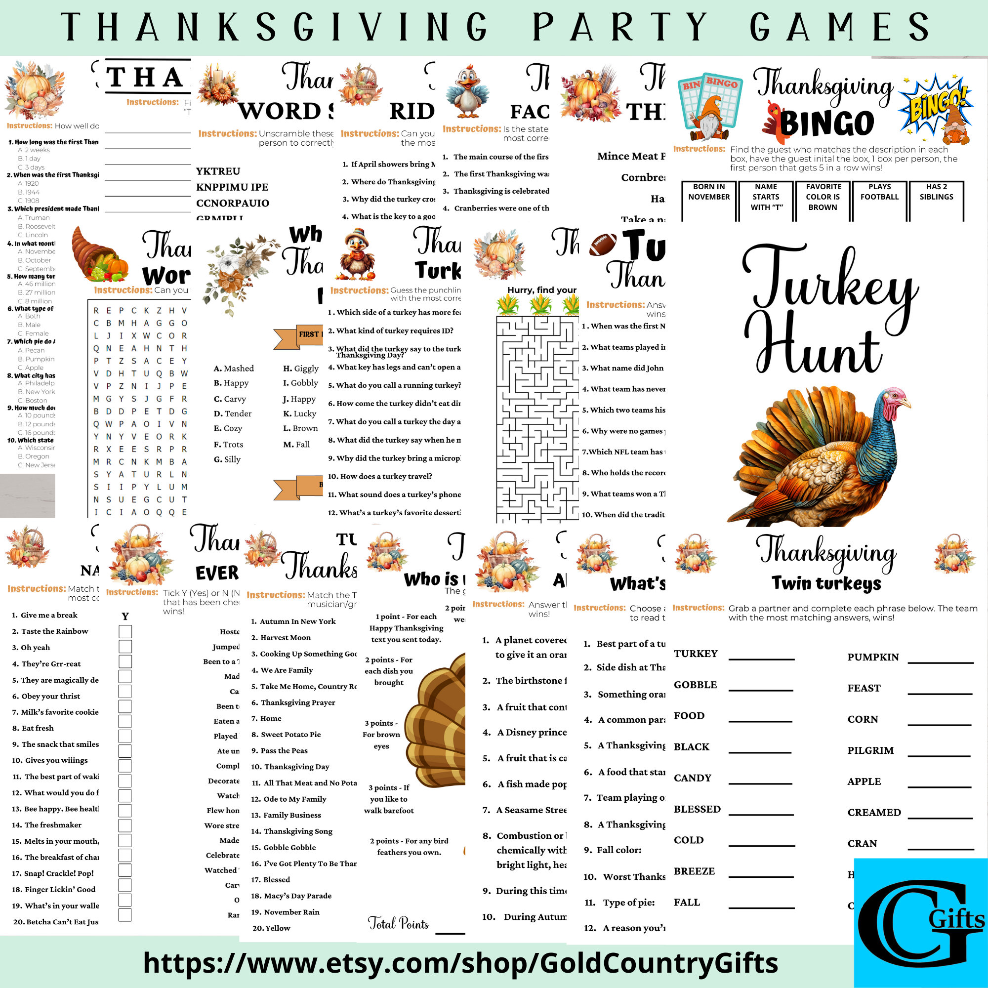 Thanksgiving Game Bundle, Thanksgiving Party Games, 20 Printable Games, Thanksgiving Printable Games, Thanksgiving Activities for Adults