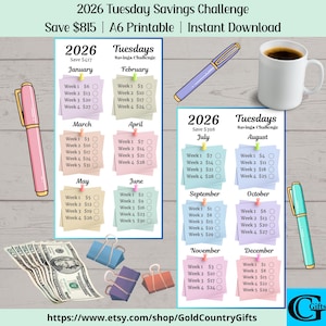 May include: A printable 2026 Tuesday Savings Challenge chart with pastel-colored sticky notes for each month. The chart includes a pink pen, a blue pen, a cup of coffee, and a stack of US dollar bills. The text reads "Save $815".