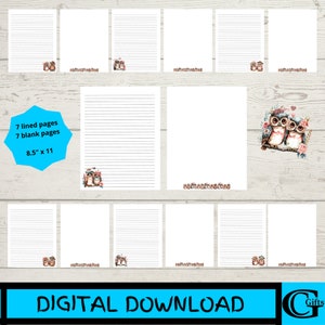 Cute Owl Printable Stationery, Owl Notepaper, 8.5 x 11 Inch Lined and Blank Stationery, Digital Download, Printable Stationery Set of 14