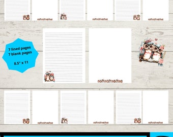 May include: Printable 8.5 x 11 inch lined and blank paper with a watercolor illustration of two owls with flowers. The text "7 lined pages 7 blank pages 8.5" x 11" is included in the image.