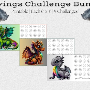 K&ouml;nnte beinhalten: Druckbarer Spar-Challenge-Bundle mit drei bunten Drachenillustrationen. Jede Karte ist 15,24 cm x 7,62 cm gro&szlig; und enth&auml;lt ein Raster mit Dollarbetr&auml;gen, um Sparziele zu verfolgen. Der Text auf der unteren Karte lautet "Dragon Savings Challenge 75$".