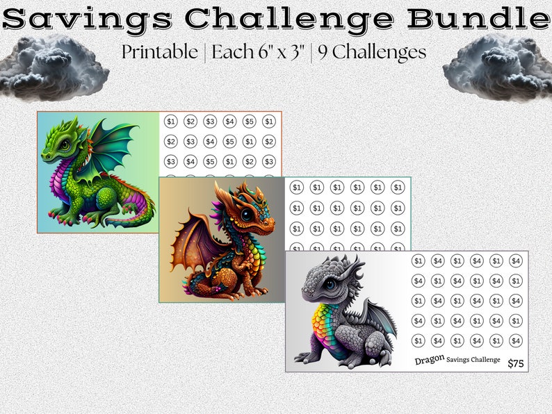 K&ouml;nnte beinhalten: Druckbarer Spar-Challenge-Bundle mit drei bunten Drachenillustrationen. Jede Karte ist 15,24 cm x 7,62 cm gro&szlig; und enth&auml;lt ein Raster mit Dollarbetr&auml;gen, um Sparziele zu verfolgen. Der Text auf der unteren Karte lautet "Dragon Savings Challenge 75$".