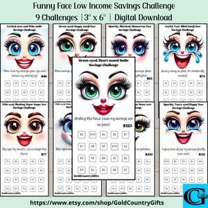 May include: Digital download of nine "Funny Face Low Income Savings Challenge" cards, each 3" x 6". The cards feature cartoon faces with various expressions and savings amounts. Text includes "Smiling this hand cause my savings are on point!" and "GoldCountryGifts".