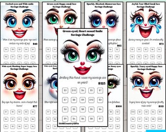 Rastreador de ahorros para personas de bajos ingresos con caras divertidas, imprimible, paquete de desafío