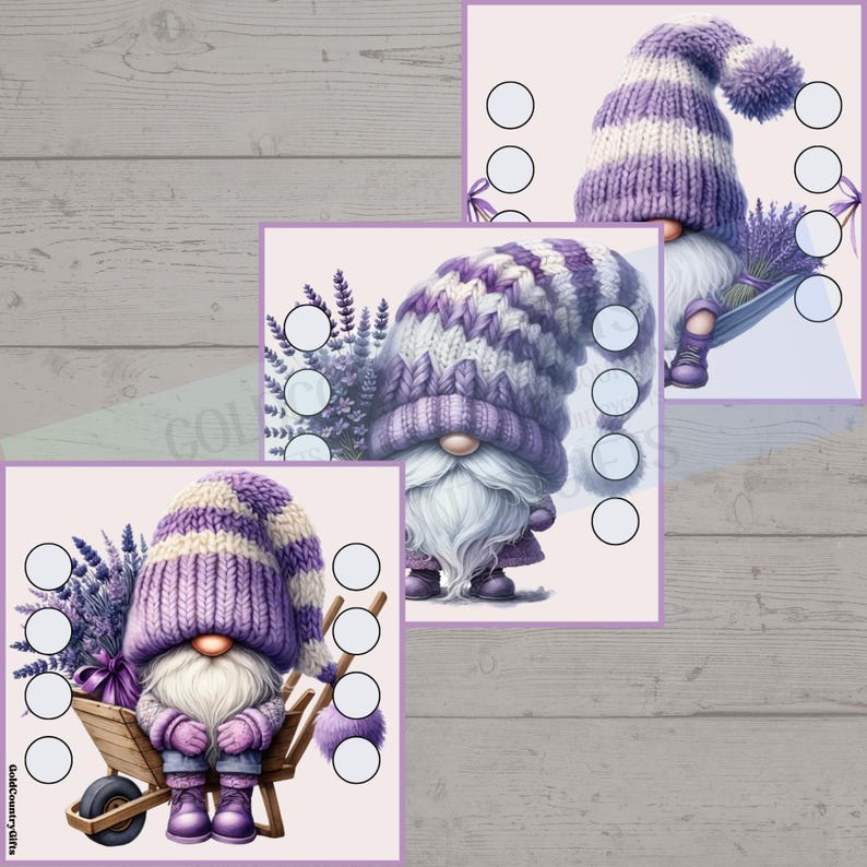 May include: Three watercolor illustrations of gnomes with purple and white striped hats and long white beards. One gnome is in a wheelbarrow with lavender, another is relaxing on a hammock with lavender, and the third is standing.