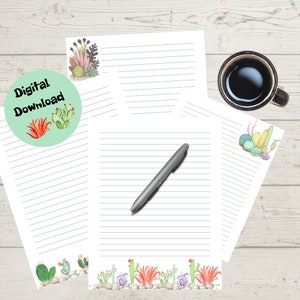 Acuarela Cactus Imprimible Papel de Escritura Imprimible Papel Forrado Papelería de Cactus Escritura de Cartas Imprimibles Descarga Digital Papelería Forrada