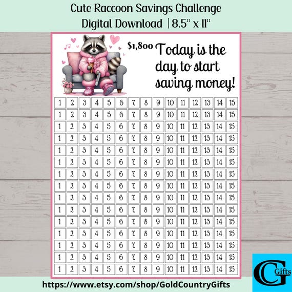 Cute Raccoon Savings Challenge & Cash Envelope Printable, Savings Challenge Trackers, Savings Challenge Printable, Savings Tracker