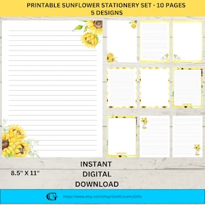 Sunflower Stationery, Printable Sunflower Stationery, Sunflower Notepaper, 8.5 x 11 Inch Lined and Blank Stationery, Digital Download
