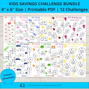 Pacchetto Sfida di risparmio stampabile per bambini, Tracker di risparmio in formato A6, Sfida di risparmio, Set di 12, Download istantaneo, Sfida di risparmio di denaro