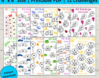 Kids Printable Savings Challenge Bundle, A6 Sized Savings Trackers, Savings Challenge, Set of 12, Instant Download, Money Savings Challenge