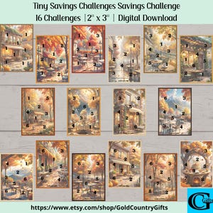 Op de afbeelding: Een digitale download met 16 spaaruitdagingen, elk 5 cm x 7,6 cm. De afbeeldingen tonen buitencaféscènes met tafels, stoelen en herfstbladeren. De tekst "Tiny Savings Challenges Savings Challenge" staat bovenaan.