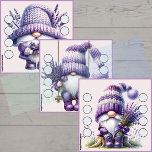 May include: Three whimsical gnome illustrations in shades of purple, each holding lavender bouquets. The gnomes wear knitted hats and boots. One gnome is on a swing, another stands, and the third is holding a bouquet.