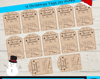 Może przedstawiać: Dwunastu drukowanych etykiet na prezenty świąteczne z brązowym papierowym tłem z tekstem "North Pole Special Delivery" i małą grafiką choinki. Etykiety mają rozmiar 5,1 x 7,6 cm i zawierają miejsce na imię odbiorcy, pole wyboru "grzeczny" lub "niegrzeczny", datę i wiersz "od Świętego Mikołaja".