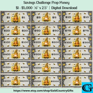 May include: A sheet of prop money for a savings challenge, featuring denominations from $1 to $5,000. Each bill showcases a gnome with sunflowers and bees, set against a gray background. The dimensions are 6 inches by 2.5 inches.