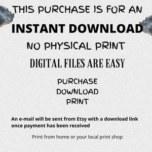 K&ouml;nnte beinhalten: Textgrafik mit wei&szlig;em Hintergrund und schwarzem Text, der lautet: "Dieser Kauf ist f&uuml;r einen sofortigen Download. Kein physischer Druck. Digitale Dateien sind einfach. Kaufen, Herunterladen, Drucken. Eine E-Mail wird von Etsy mit einem Download-Link gesendet, sobald die Zahlung eingegangen ist. Drucken Sie zu Hause oder in Ihrem lokalen Druckgesch&auml;ft."