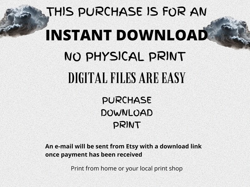 K&ouml;nnte beinhalten: Textgrafik mit wei&szlig;em Hintergrund und schwarzem Text, der lautet: "Dieser Kauf ist f&uuml;r einen sofortigen Download. Kein physischer Druck. Digitale Dateien sind einfach. Kaufen, Herunterladen, Drucken. Eine E-Mail wird von Etsy mit einem Download-Link gesendet, sobald die Zahlung eingegangen ist. Drucken Sie zu Hause oder in Ihrem lokalen Druckgesch&auml;ft."
