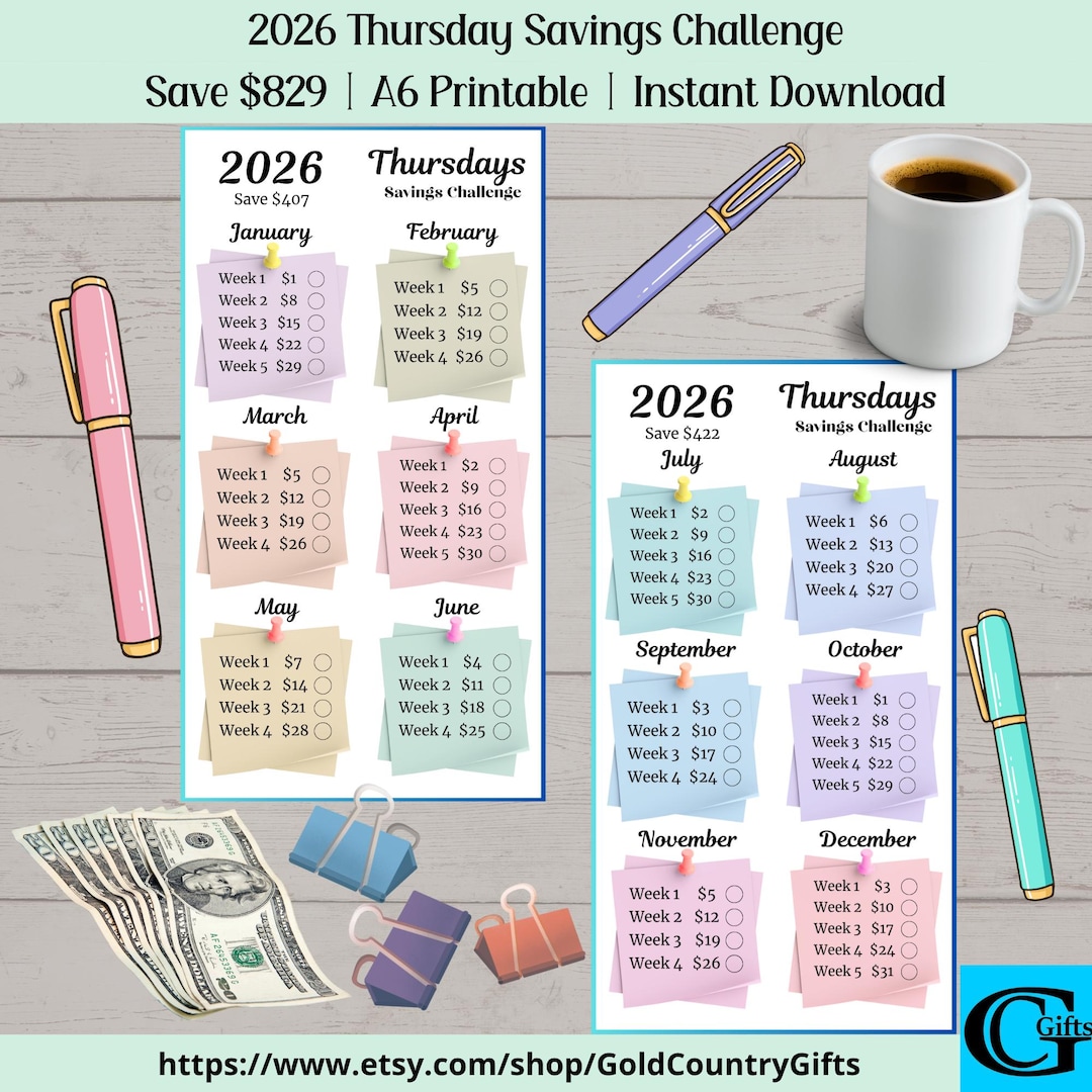 Thursday Challenge 2026 Thursday Savings Challenge, Save 829, A6 Savings Tracker Printable ...