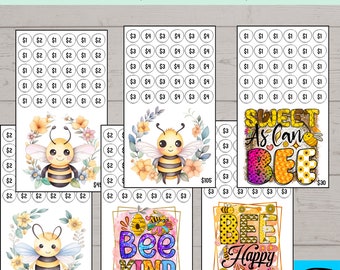 May include: Six printable bee-themed savings challenge charts. Each chart features a different bee design and a savings goal. The goals are $1, $2, $3, $4, $5, $10, $15, $20, $25, $30, $45, $60, $75, $90, and $105. The charts are designed to help people save money and reach their financial goals.