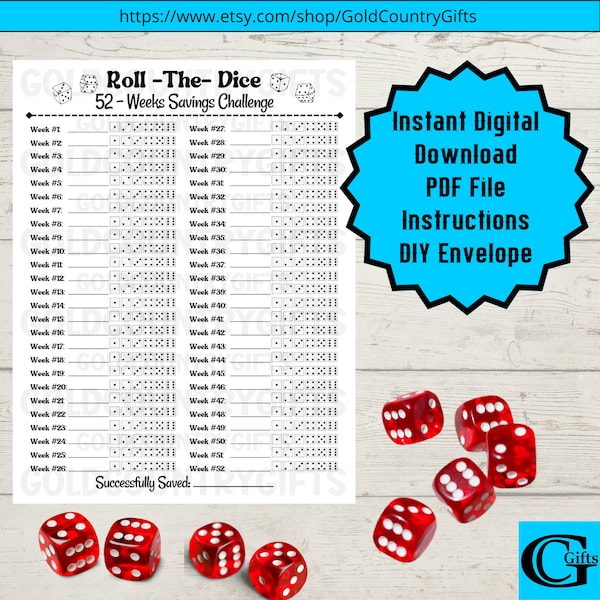 Printable Roll The Dice Savings Challenge Tracker, Money Saving Challenge, 52 Weeks, Money Challenge,  Dice, Instant Download, Printable PDF