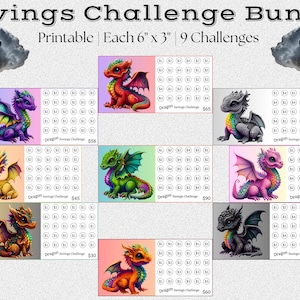 K&ouml;nnte beinhalten: Neun druckbare 15,24 x 7,62 cm gro&szlig;e Spar-Challenge-Diagramme mit Drachen-Motiv. Jedes Diagramm zeigt einen Drachen in einer anderen Farbe und hat einen Zielbetrag von 30 bis 90 &euro;. Die Diagramme sollen Menschen beim Sparen helfen.