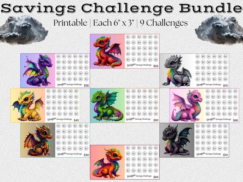 K&ouml;nnte beinhalten: Neun druckbare 15,24 x 7,62 cm gro&szlig;e Spar-Challenge-Diagramme mit Drachen-Motiv. Jedes Diagramm zeigt einen Drachen in einer anderen Farbe und hat einen Zielbetrag von 30 bis 90 &euro;. Die Diagramme sollen Menschen beim Sparen helfen.