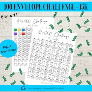 15K 100 Envelope Challenge, 15,000 Savings Tracker, 15K Savings Challenge, 15K Challenge Tracker, PDF Savings Tracker, Instant Download