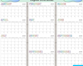 Calendario mensual imprimible 2026 en tonos pastel, para escritorio y pared. Planificador mensual minimalista. Descarga digital instantánea. Comienza en domingo y lunes.