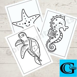 May include: Three black and white colouring pages featuring a sea turtle, a starfish, and a seahorse. The pages are printed on white paper and are ready to be coloured.