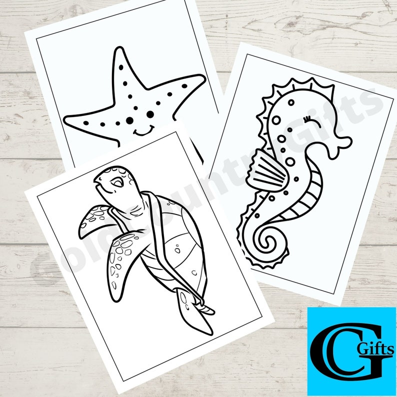 May include: Three black and white colouring pages featuring a sea turtle, a starfish, and a seahorse. The pages are printed on white paper and are ready to be coloured.
