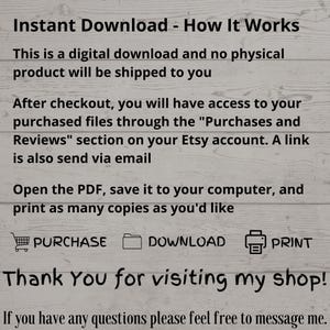 May include: Text on a white wooden background explains how to download a digital product. Instructions include purchasing, downloading, and printing. The text says "Thank You for visiting my shop!" and encourages questions.