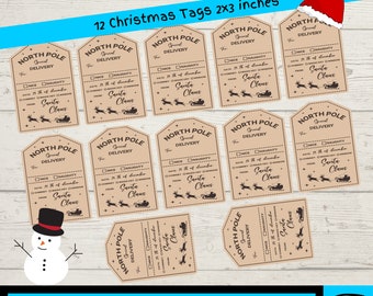 Może przedstawiać: Dwunastu drukowanych etykiet na prezenty świąteczne z motywem specjalnej dostawy z Bieguna Północnego. Każda etykieta ma rozmiar 5x7,6 cm i brązowe tło z czarnym tekstem i ilustracjami sań Świętego Mikołaja.