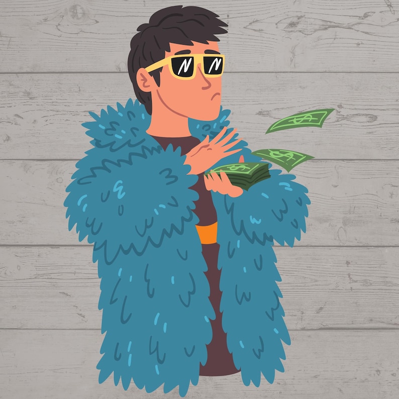 May include: A man wearing a blue fur coat and sunglasses holds a stack of cash in his hand.  More bills are flying in the air.
