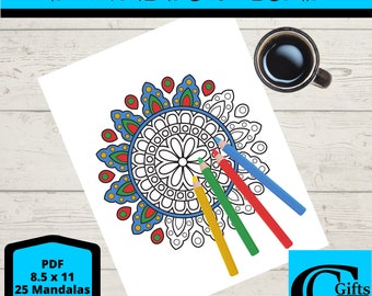 Printable Mandala Coloring Pages | Simple Mandala Coloring | Adult Coloring Book | Floral Mandala Coloring Pages | 25 Mandalas