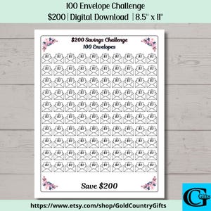 Floral 200 Dollar Savings Challenge Printable, 100 Envelope Savings Challenge, Money Saving Goal, 200 Savings Tracker, Digital Download